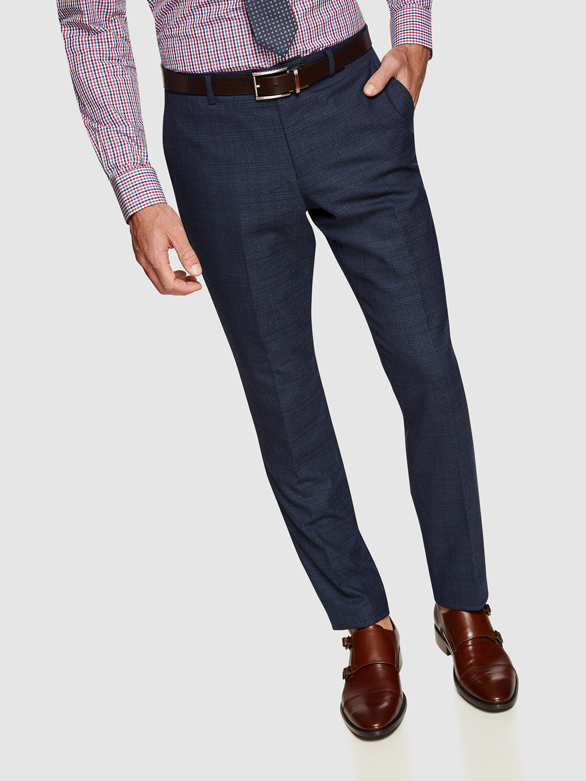 HOPKINS WOOL CHECK SUIT TROUSERS NAVY