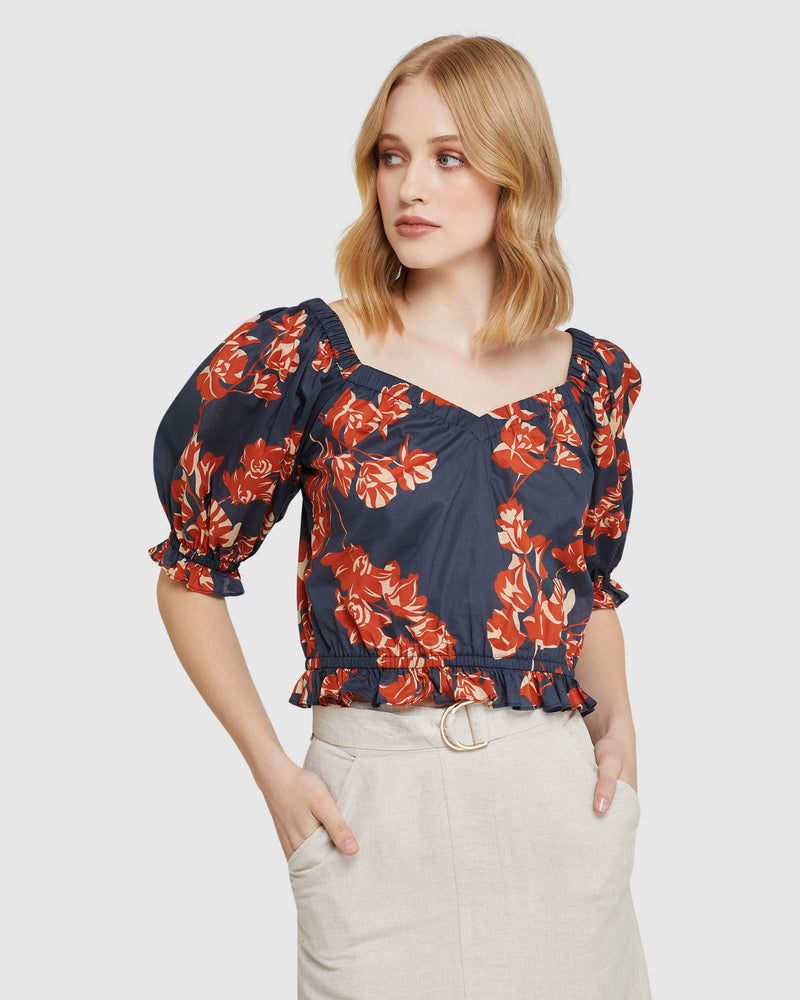 BILLY TROPICAL PRINT COTTON TOP NAVY/SPICE
